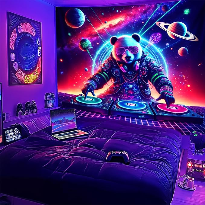 NYZE Blacklight Tapestry Panda Music Wall Tapestry Art Party Banner Colourful Poster Design Tapestries for Hip Hop College Dorm Room Bedroom Wall Decor 59in×51in