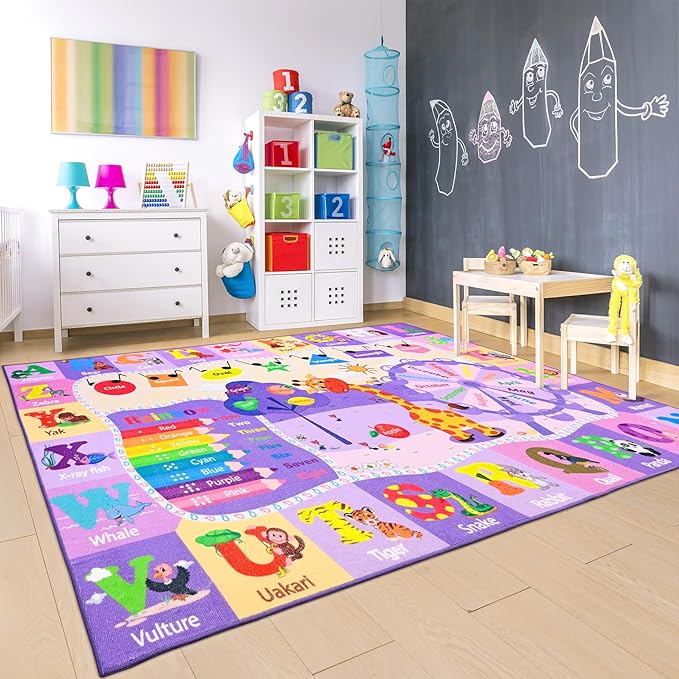 Chicrug Educational Kid Area Rug for Playroom, 6x9 Feet TPR Non Slip Kids Classroom Carpet Rug for Learning ABC Animal, Shape Color Fruit, Washable Play Mat Rug for Children Nursery Toddler Room Decor