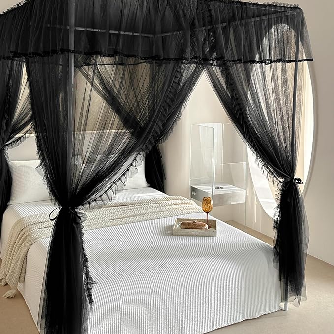 AIKASY 4 Corners Post Ruffle Princess Bed Canopy Curtain - Double Layer Cozy Drape Netting with 4 Openings - Elegant Mosquito Net for Girls and Adults Bedroom Decoration (Black, Queen)