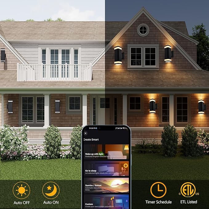 Smart WiFi Outdoor Wall Sconce Lights 2 Pack,Porch Lights RGB Color Changing App Control, Dimmable White Range of 2700K-6500K Up Down Exterior Wall Lights for House,Works with Alexa Google Assistant