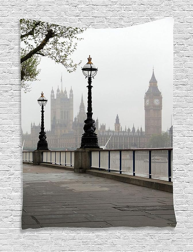 Ambesonne London Tapestry, Big Ben View from The Street Palace of Westminster Touristic Britain, Wall Hanging for Bedroom Living Room Dorm Decor, 40" X 60", Off White Brown