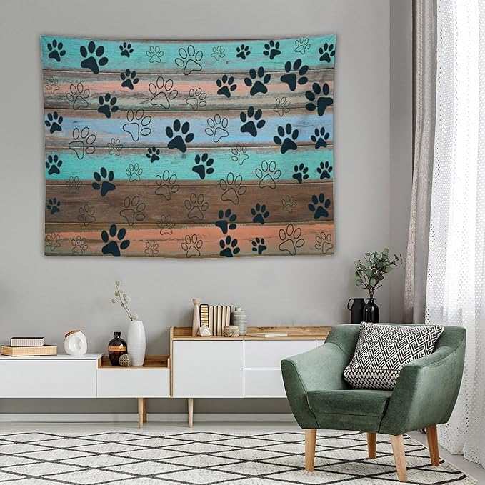 VUMIVI Dog Paw Print Tapestry Rustic Farmhouse Vintage Wood Paneling Home Decor Tapestry Wall Hanging for Living Room Bedroom Dorm Classroom Aesthetic Decor W80xL60in