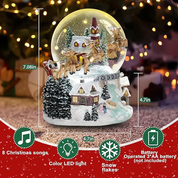 7'' H Christmas Snow Globe with Light up and Musical Valentine's Day Decoration Gift, Snowflakes Water Globe, Santa Sleigh Reindeer Resin Snow Globe, Christmas Holiday Indoor Decor.