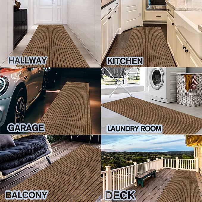 Custom Size Backed Non-Slip Area Rugs Runner, Easy Clean, Waterproof Runner Rugs for Hallway Entryway, Kitchen, Laundry, 2FT x 6FT, Brown Stripe