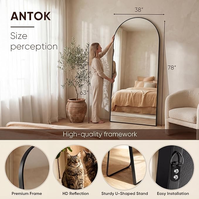 Antok Full Length Mirror, 78"x38" Floor Mirror Freestanding, Arched Full Body Mirror Floor Standing Mirrors with Stand for Bedroom, Hanging Mounted Mirrors for Living Room Cloakroom, Black