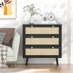Anmytek Black Dresser for Bedroom with 3 Drawers, Modern Wood 3 Drawer Dresser, Black Chest of Drawer with Spacious Storage Rattan Dresser for Bedroom Living Room H0075
