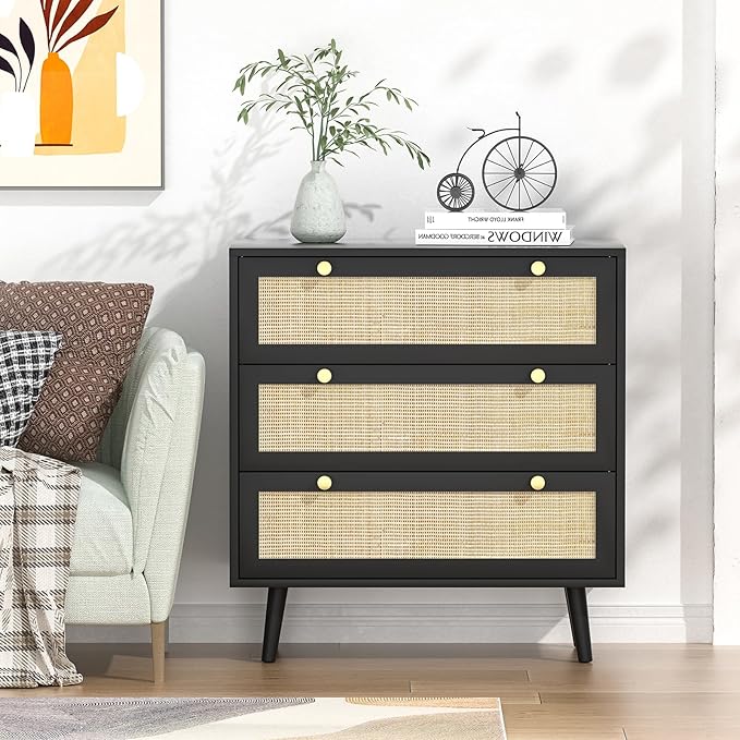 Anmytek Black Dresser for Bedroom with 3 Drawers, Modern Wood 3 Drawer Dresser, Black Chest of Drawer with Spacious Storage Rattan Dresser for Bedroom Living Room H0075