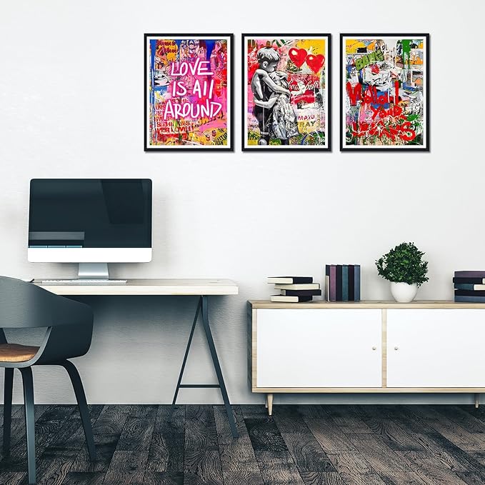 Novatique Graffiti Canvas Wall Art Colorful Banksy Wall Art Street Graffiti Print Wall Decor Framed for Living Room Bedroom,12" x 16" x 3Pcs