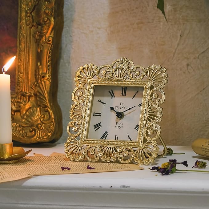 NIKKY HOME Gold Table Clock, Shabby Chic Decorative Desk Clock, Vintage Desk Clocks Non-Ticking Battery Operated for Living Room Bathroom