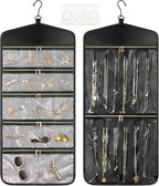 CHICECO Travel Jewelry Holder Organizer,Hanging Jewelry Organizer Storage with Zippered Pockets for Cloest,Jewelry Holder for Earrings, Necklaces (Grey Black)