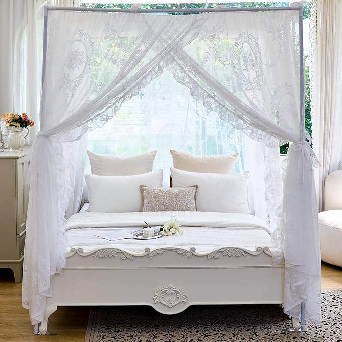 AIKASY Elegant Lace Princess 4-Poster Bed Canopy Mosquito Net - Romantic Wedding Bridal Bedroom Decor, Kids Room Bed Curtain for Women Adults - (White-2,Queen)