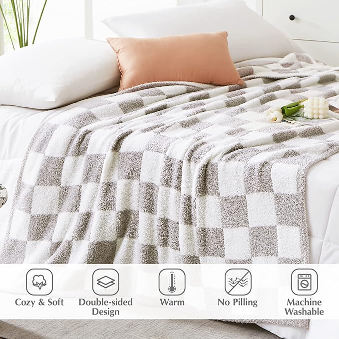 WRENSONGE Checkered Throw Blanket, Light Grey Soft Cozy Fluffy Warm Hand Made Throw Blankets for Couch, Sofa, Chair, Bed, Camping, Picnic, Travel Lightweight Bed Blanket - 60 * 80