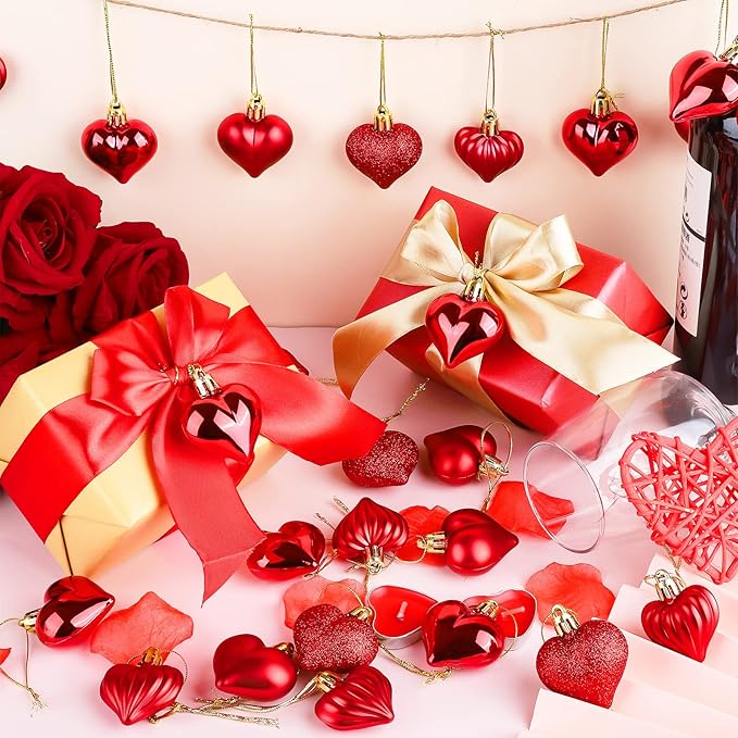 Elcoho 48 Pieces Valentine's Day Heart Shaped Baubles Hanging Heart Ornaments Valentines Tree Decorations for Valentines Day Ornaments Party Wedding Anniversary Decor, Red