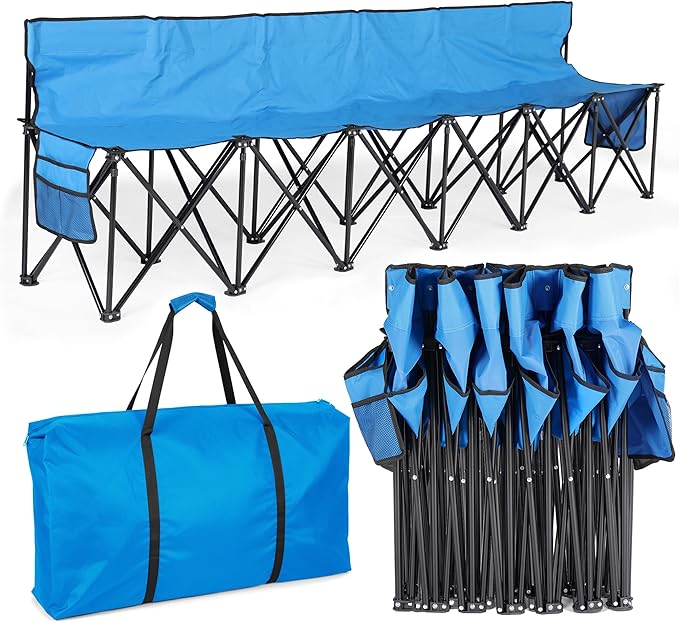 Folding Bench Seat with 2 Pockets for Easy Storage – Portable Lightweight Weather Resistant Sideline Seating Team Bench with a Carrying Bag for Soccer | Baseball | Camping