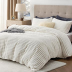 Bedsure Fluffy Duvet Cover Set - Ultra Soft Plush Shaggy Comforter Cover Twin Size, Warm Flannel Fleece Bed Sets for Winter, 2 Pieces (Striped Pattern, Coconut White)