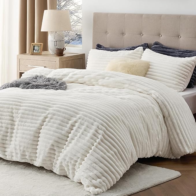 Bedsure Fluffy Duvet Cover Set - Ultra Soft Plush Shaggy Comforter Cover Twin Size, Warm Flannel Fleece Bed Sets for Winter, 2 Pieces (Striped Pattern, Coconut White)