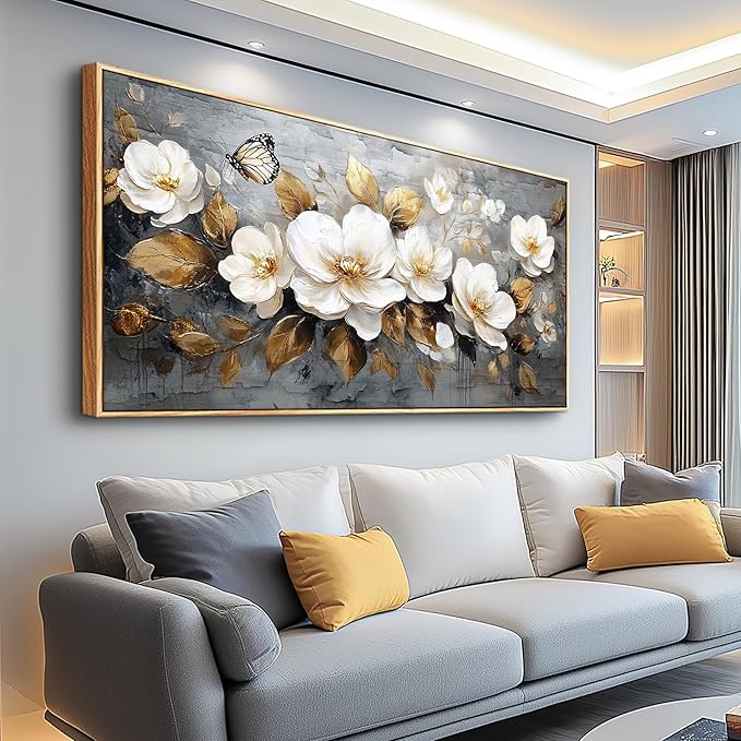 FUHAIHUA Large Wood Framed Wall Decor For Living Room Canvas Wall Art For Office Modern Wall Decorations For Bedroom White Flower Painting Farmhouse Pictures Artwork Room Home Decor 24x48 In