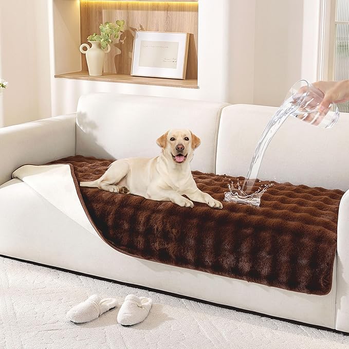 Waterproof Dog Bed Cover Non Slip Couch Covers for Dogs Washable Soft Faux Fur Sofa Cover Couch Covers for 3 Cushion Couch Sofa Pet Friendly (Brown)