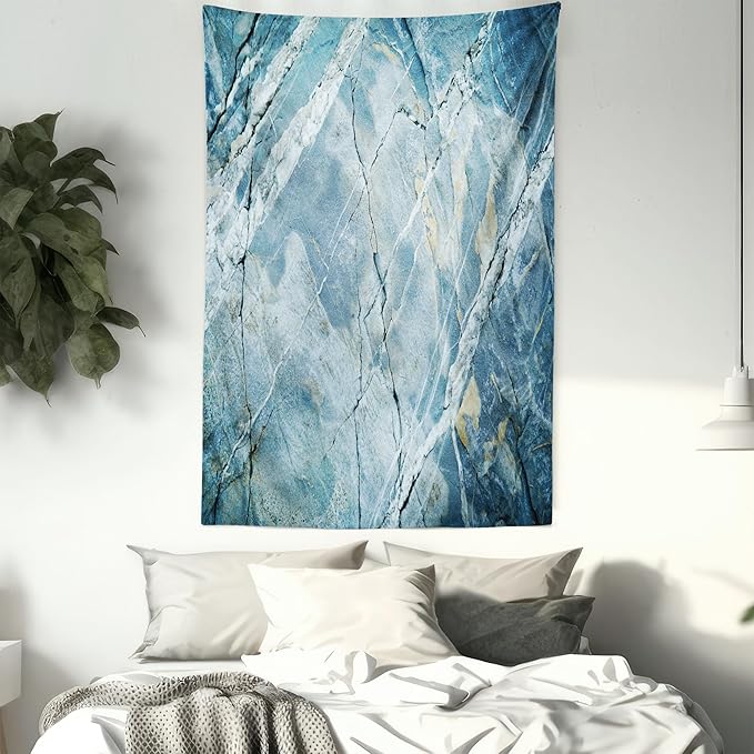 Ambesonne Marble Print Tapestry Twin Size, Exquisite Granite Stone Architecture Floor Nature Faded Rock Picture, Wall Hanging Bedspread Bed Cover Wall Decor, 68" X 88", Pale Blue Grey