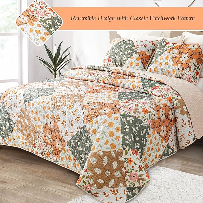 Whale Flotilla Patchwork Quilts Queen Size, Extra Soft Boho Floral Bedspreads for Bed Reversible Lightweight Full Queen Quilt Bedding Set Printed Coverlets with 2 Pillow Shams for All Seasons, Orange