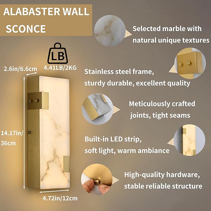 Modern Brass and Alabaster Wall Sconce 14.17in with Spanish Marble and an Elegant Dimmable LED (3000K Warm Light) for Bedroom Living Room Hallway Bathroom