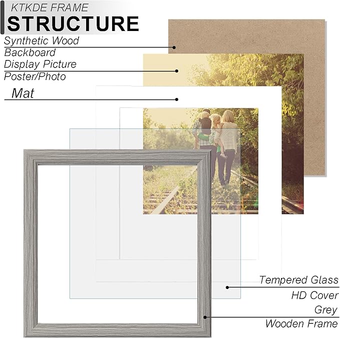 KTKDE 12x12 Picture Frame Real Glass, Display Pictures 8x8 with Mat or 12x12 Without Mat, Modern Style Wood Composite Frame,Gallery Wall Frame Wooden Grey ，best gift