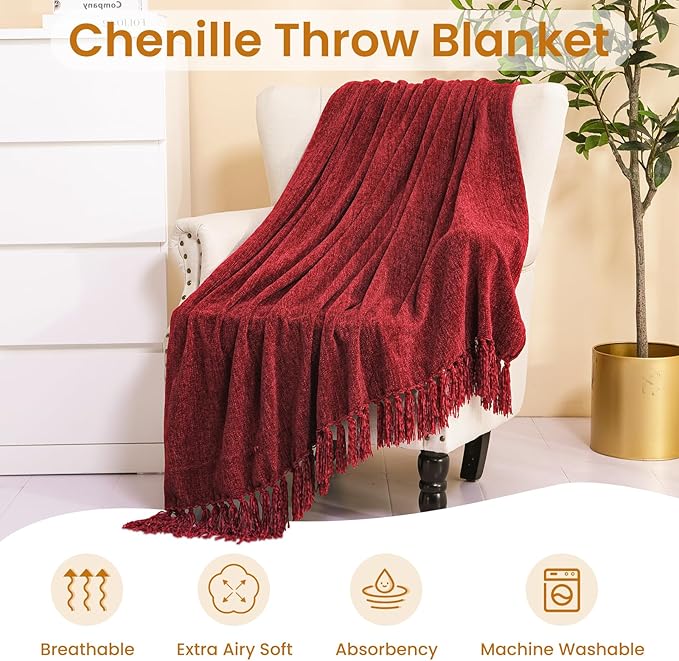 Burgundy Red Chenille Throw Blanket for Couch Bed，Soft Cozy Throw Blanket with Handmade Fringe, Decorative Blanket for Sofa Chair Living Room for Gift, (Burgundy Red)