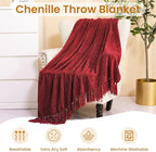 Burgundy Red Chenille Throw Blanket for Couch Bed，Soft Cozy Throw Blanket with Handmade Fringe, Decorative Blanket for Sofa Chair Living Room for Gift, (Burgundy Red)