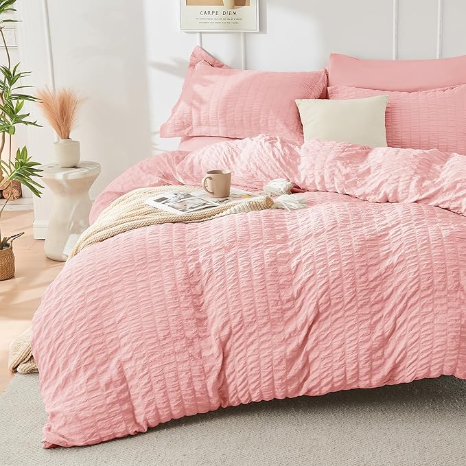 HYMOKEGE Rose Pink Full Size Comforter Sets Seersucker 7 Pieces, All Season Luxury Bed in a Bag for Bedroom, Bedding Set with Comforter, Sheets, Pillowcases & Shams