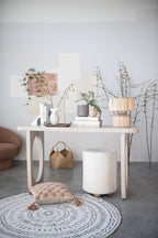 Bloomingville Round Sherpa Upholstered Pouf with Pine Wood Feet, Cream and Natural