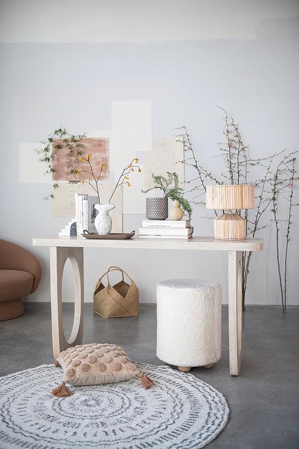 Bloomingville Round Sherpa Upholstered Pouf with Pine Wood Feet, Cream and Natural