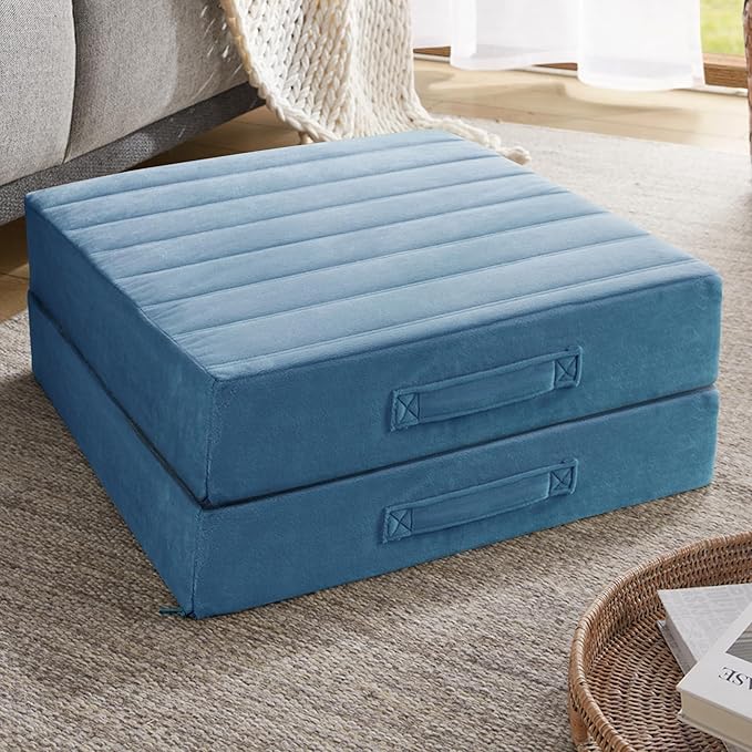 Codi High Density Foam Floor Pillow 2 Sets, Large Meditation Cushions Seating for Adults and Yoga Sitting, Washable Thick Couch Cushion with Soft Tufted Covers - 22 inch Blue