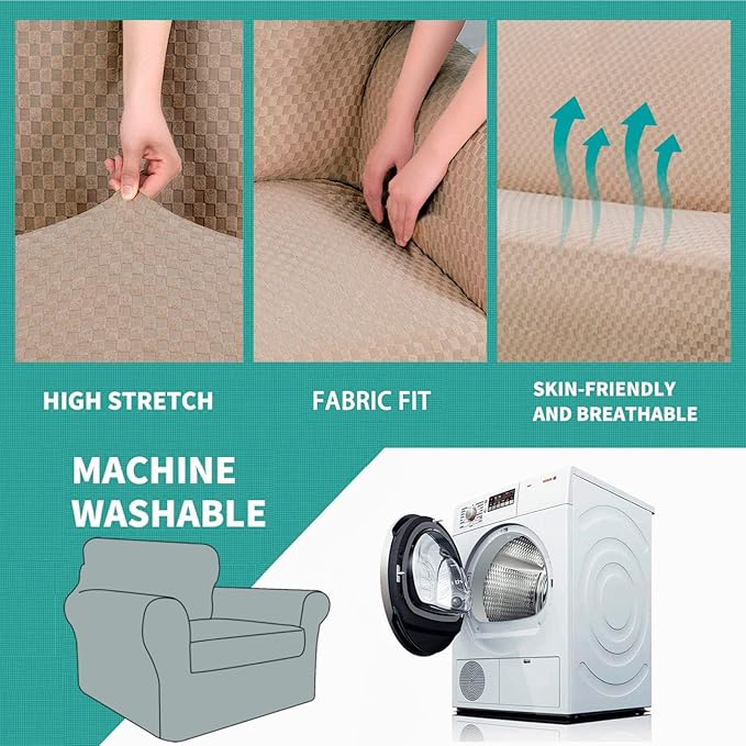 YEMYHOM Latest Checkered 2 Pieces Chair Covers for Living Room High Stretch Thickened Chair Slipcovers with Arms Anti Slip Elastic Armchair Sofa Couch Slipcover Protector (Khaki), 31"-46"(1 Cushion)