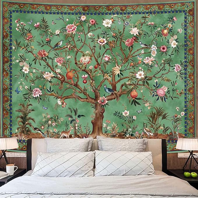Faxdong Boho Tree of LIfe Tapestry, Vintage Flower Leaves Birds Plant Animal Pattern Tapestries, Retro Indian Bohemian Aesthetic Wall Hanging Green 44×60 inch