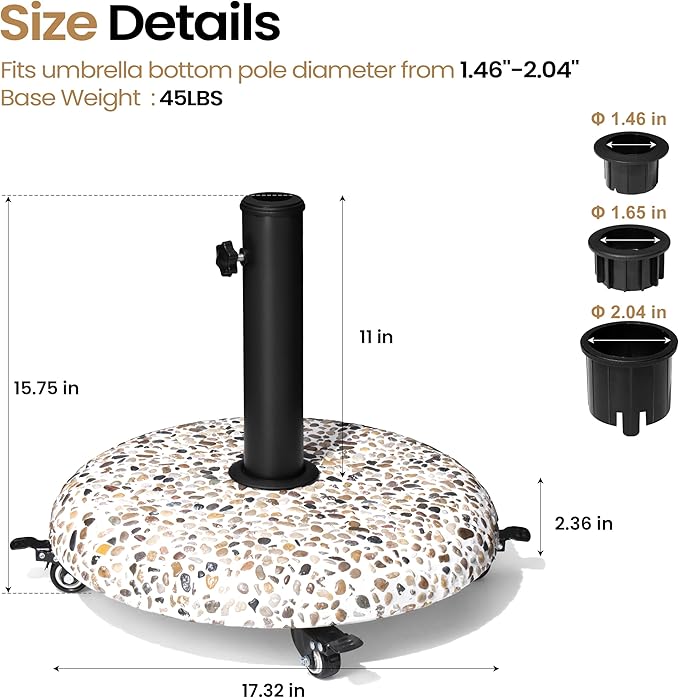 45lbs Patio Umbrella Base with 4 Wheels, Round Cobblestone Concrete Stand, Heavy Duty Market Umbrella Stand for Outdoor