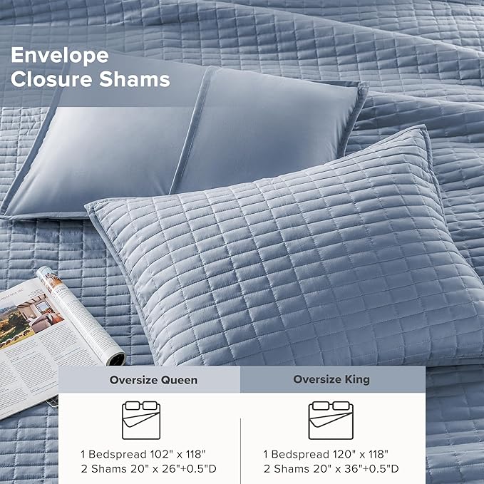 Comfort Spaces Blue Oversized King Quilt Set 120"x118" Bedspread Quilted Summer Lightweight Microfiber Bedding Coverlet with Double Sided Stitching Soft All Season Cozy 3 Piece with Matching Shams