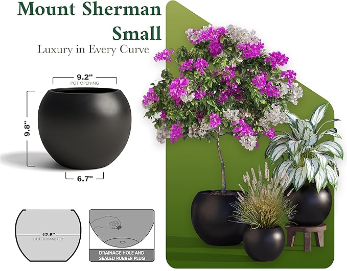 DTY Signature Mt Sherman 12.6''D x 10''H Fiberstone Round Planter with Drainage Hole, Smooth Finishes, Weather Resistant for Indoor and Outdoor Use, Included 2 Extra Coco Mats(Pot Opening 8.5'')