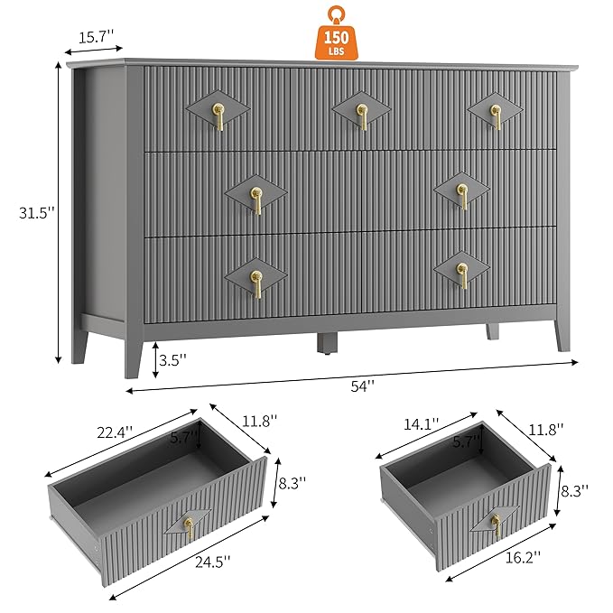 GarveeHome Fluted Dresser for Bedroom, 54 Inch Wide 7-Drawer Wood Dresser, Modern Chest of Drawers, Storage Organizer Cabinet for Living Room, Hallway, Entryway, Grey