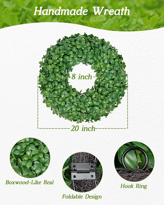 Vlorart 20 Inch Boxwood Wreath, Faux Green Wreath for Front Door Farmhouse Porch Wall Decor, Indoor/Outdoor All Season Rustic Farmhouse Greenery for Fall Winter Spring