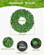 Vlorart 20 Inch Boxwood Wreath, Faux Green Wreath for Front Door Farmhouse Porch Wall Decor, Indoor/Outdoor All Season Rustic Farmhouse Greenery for Fall Winter Spring