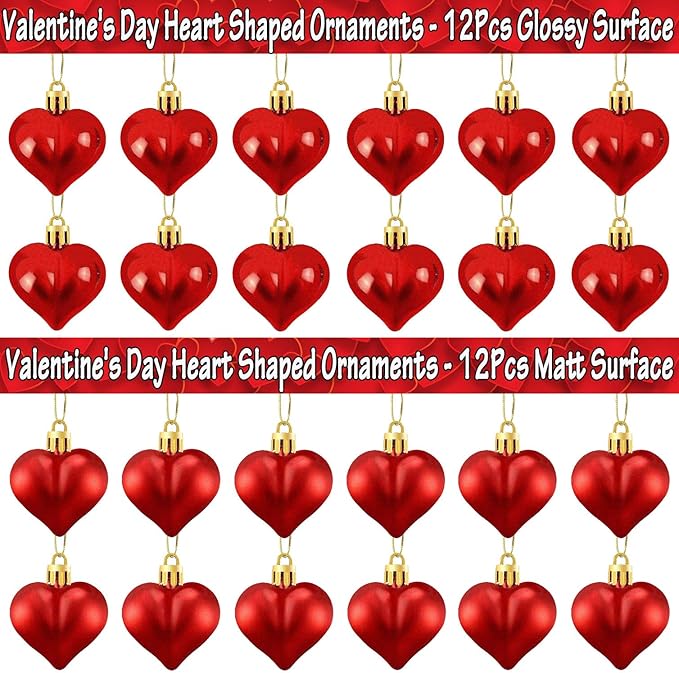 24 Pieces Valentine's Day Heart Shaped Ornaments, Glossy and Matt Heart Baubles Hanging Decorations for Valentine's Day Wedding Anniversary Home Party Decor