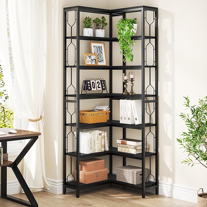 Tribesigns Corner Shelf, 7-Tier Industrial Corner Bookshelf, Wood and Metal Corner Etagere Bookcase, Freestanding Display Shelf for Living Room, Kitchen, Home Office, All Black