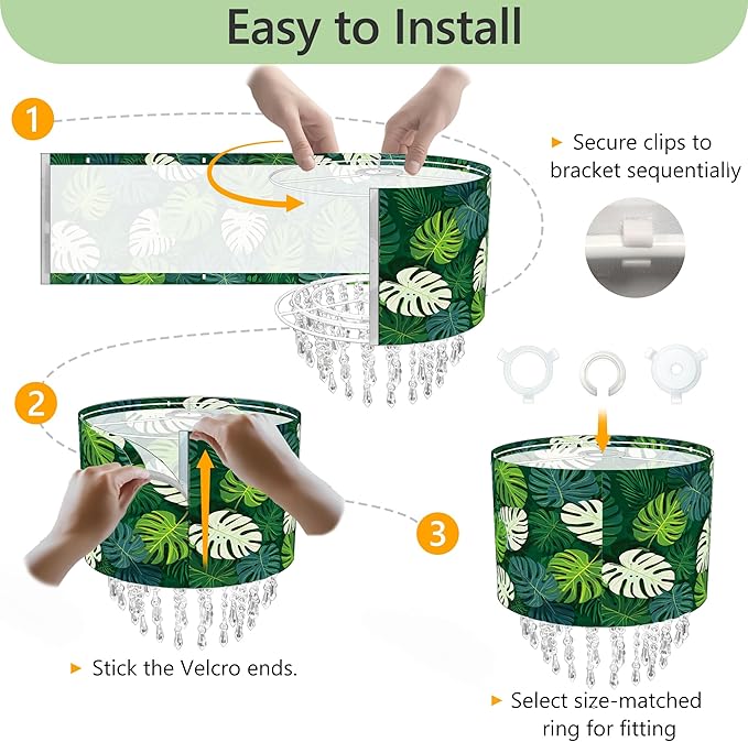 Green Leaf Tropical Leaf Lamp Shade with Acrylic Bead Droplets, Drum Fabric Light Shade for Ceiling Pendant Table or Floor Lamps, Botanical Nature Home Decor, 11.8in