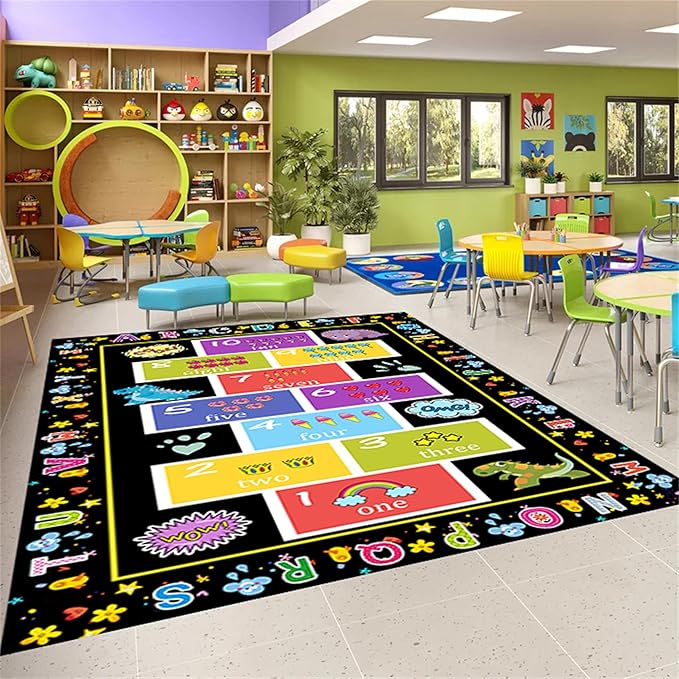 Educational Play Rug 4x6ft - ABC & 123 Learning Mat for Toddlers with Animal Designs - Non-Slip Washable Rug for Playroom, Preschool, Daycare Classroom
