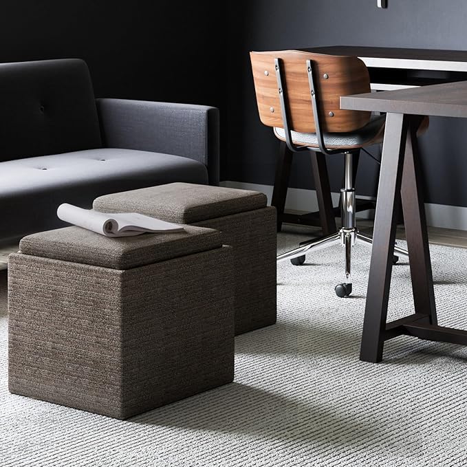 SIMPLIHOME Rockwood Cube Storage Ottoman with Tray - 17 inch Wide Upholstered Tweed Look Fabric Square Storage Ottoman in Mink Brown, Contemporary Cube Ottoman for Living Room with Serving Tray