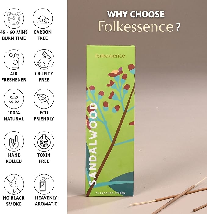 Folkulture Incense Sticks (75 Sticks) |8" Premium Sandalwood Incense Sticks for Calming,Aromatherapy, Valentines Day Gifts for Her |No Charcoal,Organic,Non Toxic, 45 Mins, Long Burning Insence-Sticks