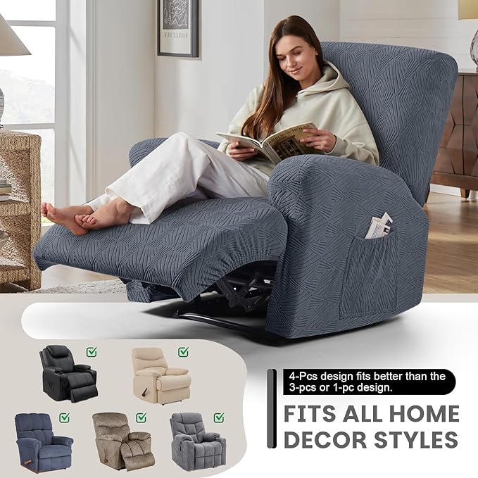 VANSOFY Oversized Recliner Chair Covers, 4-Pieces Stretch Recliner Cover Jacquard Soft Reclining Chair Slipcover Furniture Protector with Elastic Bottom for Lazy Boy Recliner(Gray)
