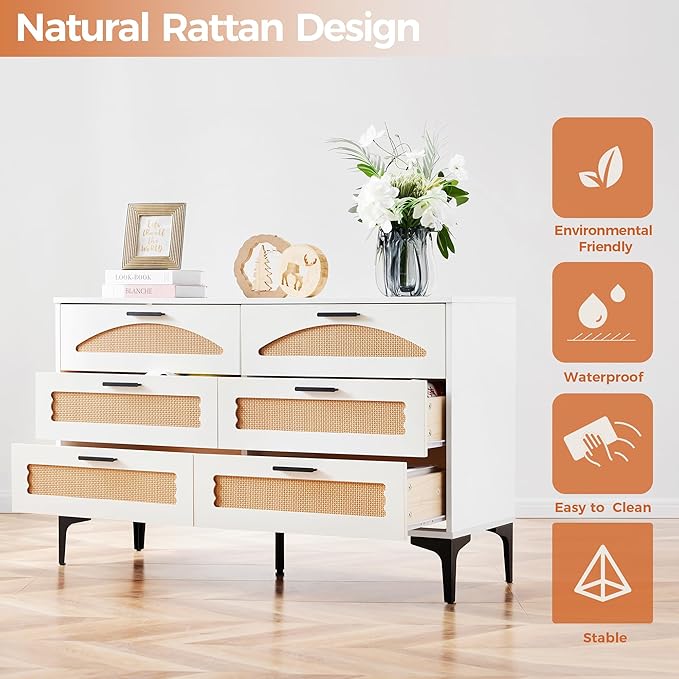 Mericonia 6 Drawer Double Dresser for Bedroom, Wood Rattan Dresser for Closet with Metal Legs, Boho TV Stand with Drawers, Dressers & Chests of Drawers for Bedroom, Hallway and Entryway, White