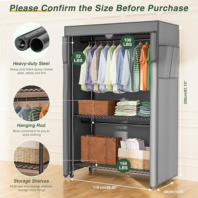 LEHOM G1C Heavy Duty Clothes Rack with Cover, Rolling Garment Rack for Hanging Clothes, Portable Closets with Oxford Fabric Cover, Freestanding Clothing Rack on Wheels (Black+gray cover, G1C)