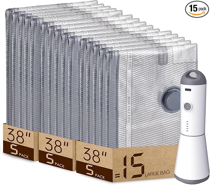 15 Packs Rechargeable Pump Vacuum Bags for Travel Packing, Large Size Vacuum Seal Bags for Luggage and Suitcase Compression, Space Saver for Bedding and Clothing Organization